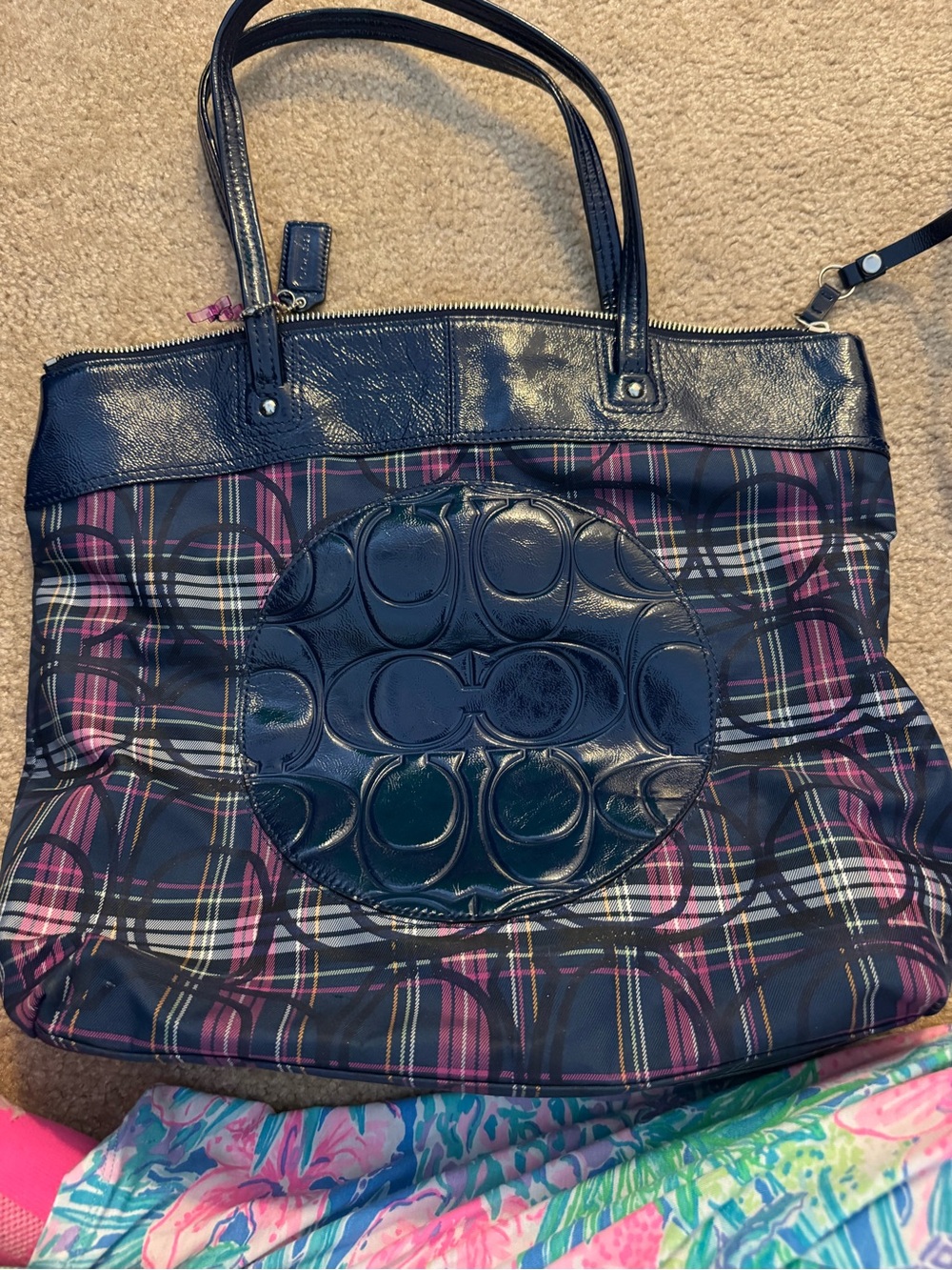 Coach Navy and Pink Plaid Signature Tote